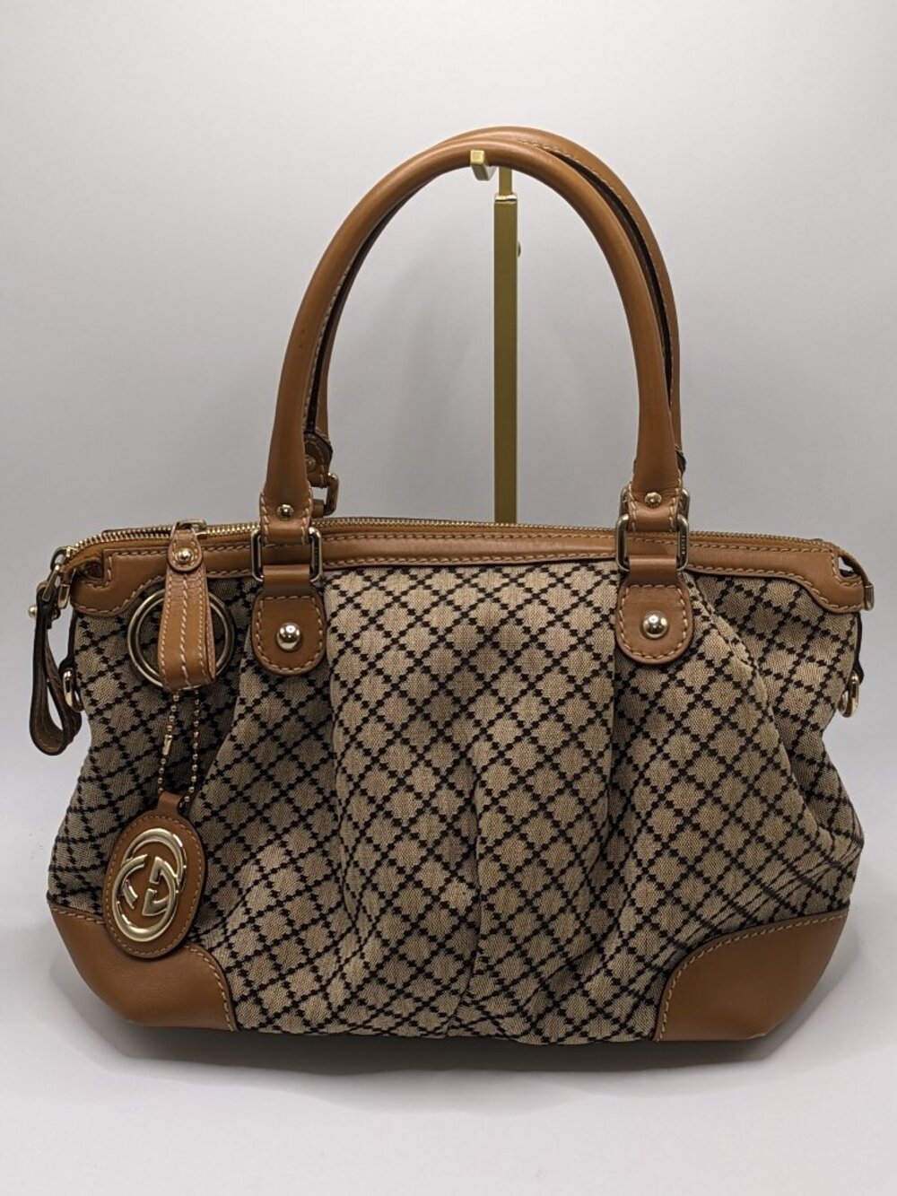 Authentic Gucci Sukey Diamante Canvas GG Charm Tote Handbag